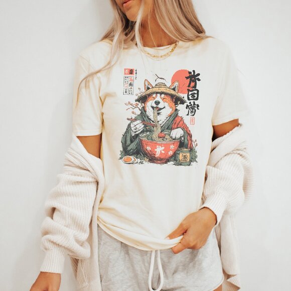 Corgi Ramen Noodle T Shirt Japanese Dog Eating Soup Graphic Tee Kawaii Art - Picture 3 of 6
